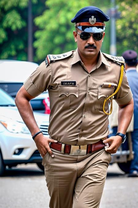 a stunning intricate full color photo, 1man, Indian police officer, wearing khaki uniform, (Indian_Police_Uniform:1) <lyco:Indian_Police_Uniform_V1:1.25> running, epic character composition, sharp focus, full focus, realistic light, subsurface scattering, f25, 35mm, film grain, analog style