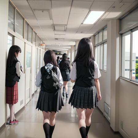 best quality, ultra-detailed, illustration,
rouka, school, multiple girls, school uniform, skirt, window, hallway, indoors, black hair, 2girls, scenery, from behind, multiple boys, tree, vest, plaid, sunlight, sweater vest, plaid skirt, 3girls, 1boy, realistic, photo background, photo (medium), photorealistic
 <lora:rouka_school_SD15_V4:1>