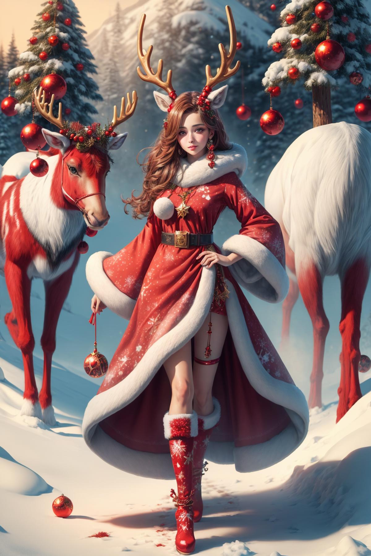 A woman dressed in a Christmas outfit posing with deer in a snowy scene.