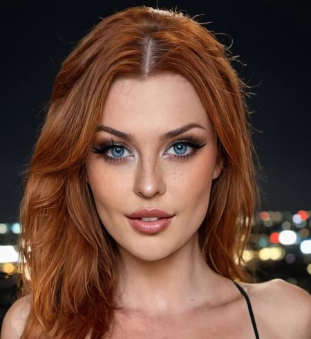 studio quality DSLR photo of ellyclutch with long red hair, black top, night city in the background, detailed face, detailed facial features, detailed eyes, hyperdetailed photography, soft light, uhd, hdr, 8k, absurdres, film grain, <lora:ellyclutch:0.9>, <lora:offset_0.2:0.2>