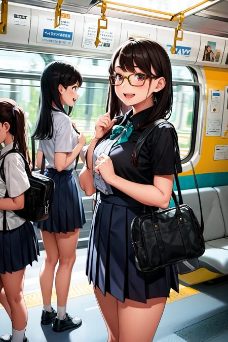 masterpiece, best quality, ultra-detailed, illustration,
E235 train interior,
multiple girls,teenage,glasses, black hair,  blouse, short sleeves,  pleated skirt,  school bag, smile, happy, laughing,