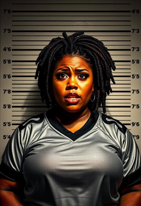 A striking and edgy digital artwork portraying a rebellious caramel skinned fat female character during a police mugshot. The character is depicted with a scared and frightened demeanor. She stands against the typical height chart background found in police stations, with her height marked on the wall behind her. The setting is gritty and urban, enhancing the overall rebellious vibe of the image.
She has soft, chubby features, emphasized by her big full hair styled in dreadlocks. Her chestnut eyes are bold and heavily lined with dark winged makeup, adding concern to her already apologetic expression. Her high cheekbones and defined jawline are highlighted by the shadowing, making her appearance even more striking. She has wide toothy smile. 
She is dressed in a cropped Silver and Black football jersey, giving her an innocent girl next door aesthetic. 
The image is a perfect blend of punk, rebellion, and dark humor, encapsulating the character's defiant and fearless attitude