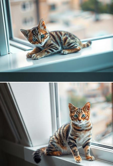 JNANX,luminous white silhouette,cyan glow,emerald highlights,flickering outline,dreamlike movement,
"Generate a photorealistic image depicting two distinct stages of a tabby cat's life, shown in a diptych format. The top panel should feature a very young tabby kitten, small in size, with characteristic brown and black stripes. The kitten is lying comfortably on a white windowsill, its head turned slightly towards the viewer with an expression of curiosity or mild interest. The background visible through the window should be slightly blurred, suggesting an outdoor urban or suburban scene with muted colors of buildings and hints of greenery. The lighting in the top panel should be soft and natural, illuminating the kitten gently.
The bottom panel should portray the same tabby cat, now significantly older and larger, in a similar pose on the same white windowsill. The background visible through the window in the bottom panel should match the top, maintaining continuity. The lighting should also be consistent, suggesting the passage of time but the same environment. The overall mood should evoke a sense of growth and the familiar comfort of a favorite resting spot. Ensure the texture of the cat's fur is detailed and realistic in both panels, highlighting the difference between the soft, downy fur of the kitten and the sleeker coat of the adult cat."
