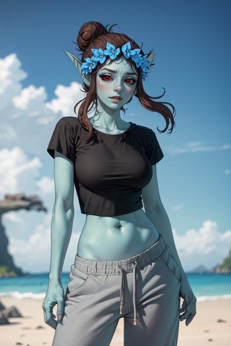 (masterpiece, best quality:1.2), <lora:azura:1>, azura, 1girl, solo, shirt, pointy ears, pants, hair bun, breasts, large breasts, black shirt, midriff, colored skin, blue skin, fantasy, floating island, sky, colorful, cloud, outdoors, blurry background,