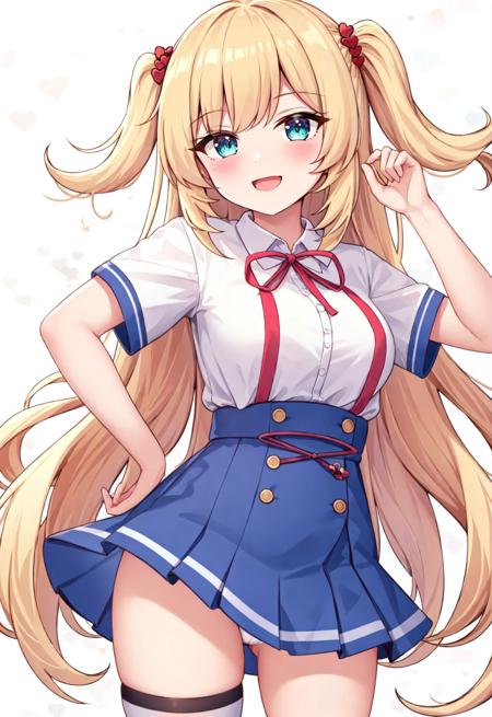 1girl, akai haato, long hair, solo, blonde hair, one side up, virtual youtuber, breasts, hair ornament, very long hair, heart hair ornament, heart, white background, open mouth, ribbon, simple background, skirt, shirt, blush, bangs, looking at viewer, underwear, thighhighs, white shirt, panties, red ribbon, short sleeves, black thighhighs, white panties, blue skirt, medium breasts, neck ribbon, high-waist skirt, smile, cowboy shot, hand up, collared shirt, hair ribbon, pantyshot, aqua eyes, standing, (masterpiece,best quality)