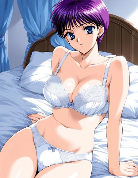 MidoritaniMaki, purple hair, short hair, blue eyes, earrings, jewelry, breasts,