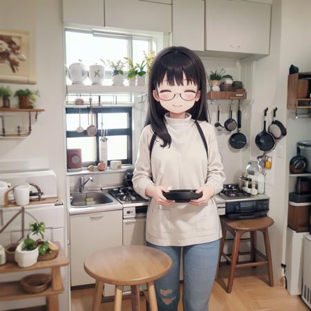 best quality, ultra-detailed, illustration,
JPkitchen, scenery, table, chair, sink, kitchen, plant, indoors, window, refrigerator, frying pan, bottle, shelf, spatula, door, basket, plate, cup, stool, wooden floor, curtains,
1girl, glasses, black hair, long hair, white sweater, denim, jeans, apron,  happy, smile, closed eyes, looking at viewer, 
 <lora:JAPAN_kitchen_SD15_V1:1>