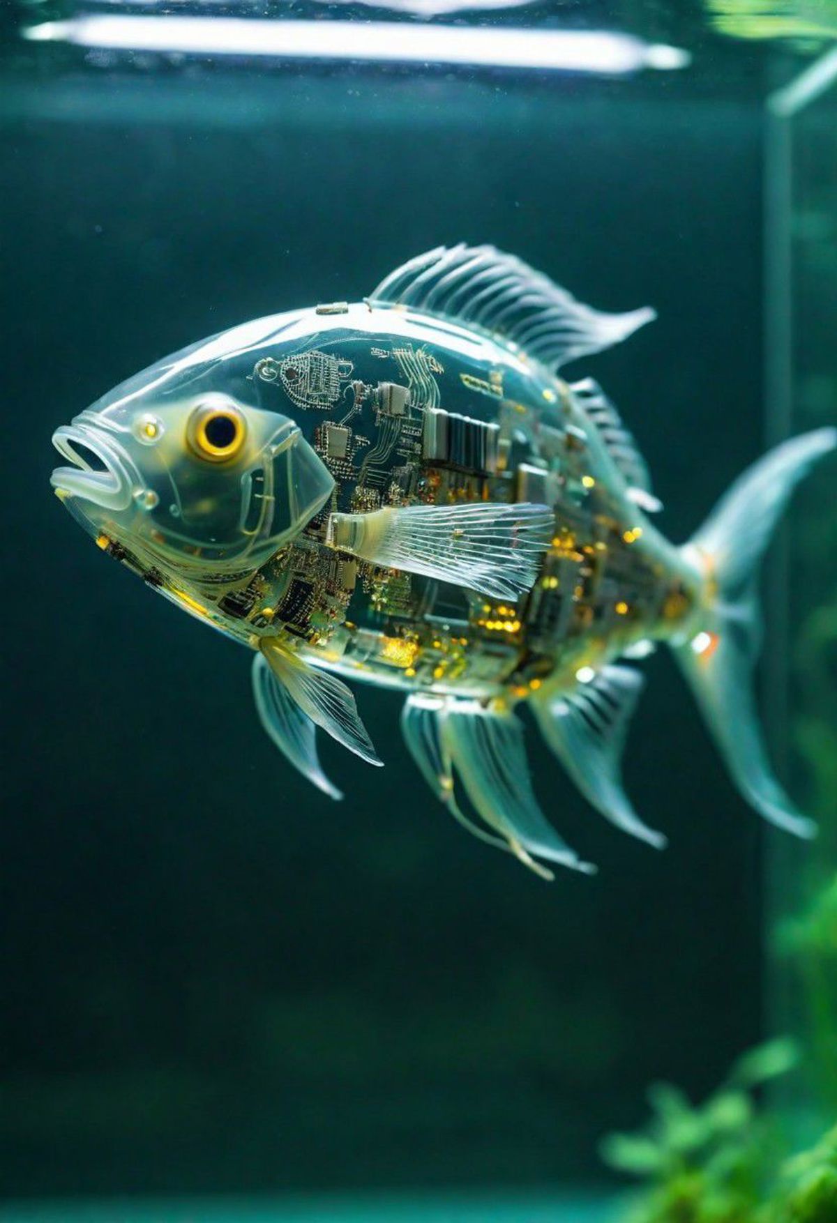 A fish with a robot head and circuit board fins.