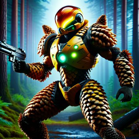 A fierce Samus Aran, her iconic Power Suit entirely formed from layered pinecones, standing in a misty alien landscape, glowing amber sap coursing through the cracks like energy veins, her Arm Cannon pulsing with a bio-luminescent charge, visor reflecting distant floating spores, a perfect fusion of nature and futuristic bounty hunter technology, rating_safe, ral-pinecone, sdxl_fixl-art, masterpiece, best quality, detailed face, detailed eyes, 4k, 8k, detailed face, <lora:sdxl_add-detail-xl:1.0>, <lora:sdxl_ral-pinecone-sdxl:1.0>