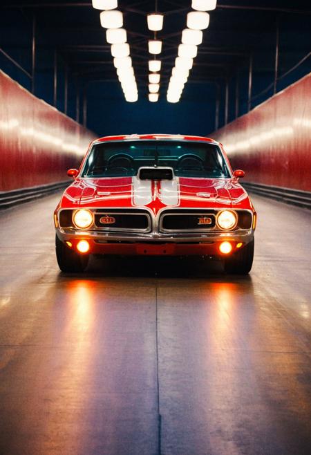 VintageMuscleCar gleaming dragster tunnel, symmetrical front view, bright headlights, neon lights, glass background, light reflections, 4K, highly detailed, closeup (stylish grainy analog film photo 35mm vintage Kodachrome)