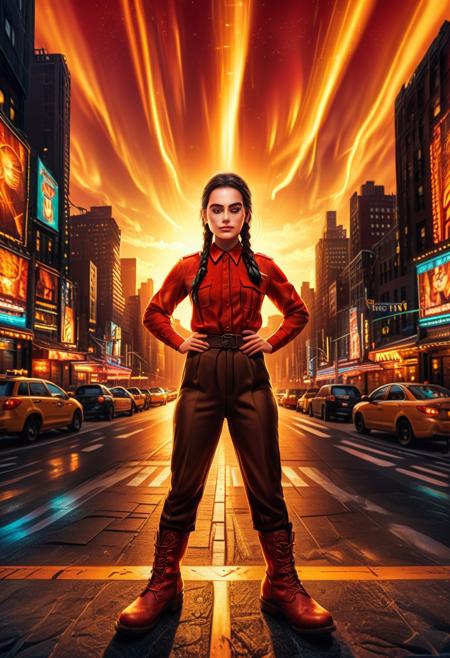 morph-aurora, 18dart3, ASCII high detail,<3, !!, motion lines, 34 years old, rating_safe, perfect face, very close-up, 1girl, Hands on hips Pose, outdoors,  newyork times square street, sunset, , light beams coming in, ((Above Angle)), Nayuta, ringed eyes, red eyes, hair over one eye, single braid, black hair, half closed eyes, yellow eyes,  (Heavy breathing expression), frown, freckles on face, (very red blush), suit, spreadassms, (full body), ((Light Brown Work Boots)), wide hips, bottom heavy, solo, thick eyebrows,  d-art, grin score_9, score_8_up, score_7_up, score_6_up, source_cartoon,