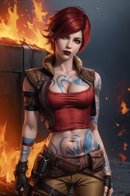 <lora:lilith_(borderlands):0.8>, lilith (borderlands), masterpiece, best quality, tattoo, 1girl, red hair, stomach tattoo, web address, yellow eyes, arm tattoo, solo, gloves, short hair, torn clothes, breasts, flipped hair, fingerless gloves, red shirt, red lips, makeup, lipstick, cowboy shot, wristband, cleavage, looking at viewer, bangs, belt pouch, chaps, parted lips, pants, pouch, medium breasts, belt, torn shirt, black gloves, swept bangs, vest, collarbone, shirt, cropped vest, fur collar, fire, fur trim, midriff, crop top, standing, nose, navel, breast tattoo, leg tattoo, signature, clothes around waist, chest tattoo, open vest, torn jacket, dated, embers, cropped jacket, elbow pads, realistic, brown belt, jacket, open clothes, black pants, lips, glowing, legs apart, arm at side, taut clothes, buttons, full-body tattoo, yellow jacket, brown pants, blurry, head tilt, multiple belts