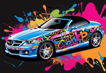 fcNeg, A dynamic and vibrant vector illustration of a Mercedes SLK car adorned with colorful graffiti on a black background. This captivating image captures the energy and creativity of graffiti art, with a bold and intricate design that transforms the car into a rolling canvas for urban expression.
The illustration features a mix of abstract shapes and lettering, as well as various elements commonly found in graffiti art, such as drips, arrows, and wildstyle lettering. The use of bright and contrasting colors against the black background creates a sense of depth and dimensionality, while the attention to detail and intricate linework adds to the overall visual impact of the design.
This captivating artwork invites viewers to explore the dynamic and expressive world of graffiti art, while also appreciating the sleek and modern design of the Mercedes SLK. The combination of urban creativity and automotive innovation creates a unique and compelling image that celebrates the intersection of art and technology.
