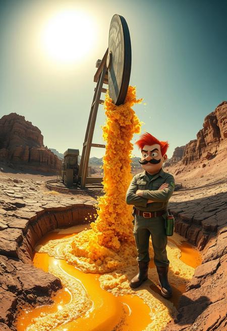 “A massive industrial oil extraction pump working tirelessly in a rugged desert landscape. Instead of crude oil, golden frothy beer erupts from the pierced ground, splashing chaotically under the scorching sun. Foamy rivers of beer flow through the cracked earth, reflecting warm amber hues. Nearby, Sideshow Bob, wearing a rugged oil worker’s suit, stands with a smug expression, arms crossed as he watches the beer gushing. His wild red hair contrasts against the industrial scene. The shot is taken with an extreme 12mm fisheye cinema lens, creating a dramatic, distorted perspective—curved horizon, exaggerated depth, and an immersive wide-angle view. Ultra-detailed, hyperreal textures with a painterly touch, deep contrast, and dynamic lighting.”