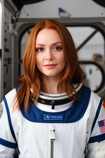 photo, detailed background, natural woman,high quality photo, perfect details and textures, highly detailed front view, perfect lighting, perfect composition, perfect lighting,<lora:xxcriscas-07:1> redhead xxcriscas with an astronaut suit in the space station