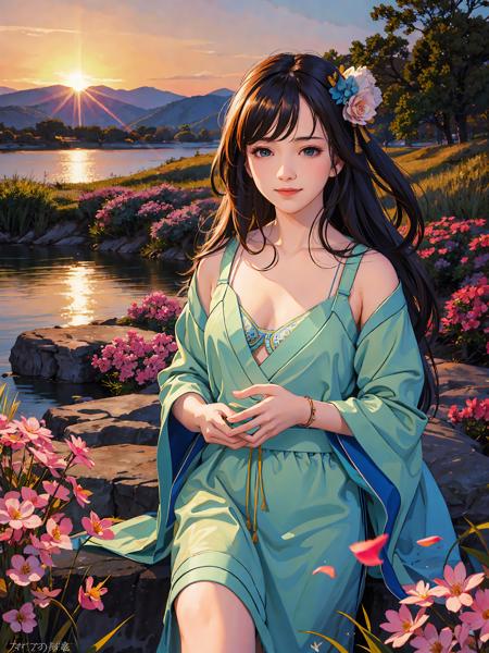 (8k, best quality, masterpiece:1.2), (realistic, photo-realistic:1.5),1girl, cute, sitting, dating, (smile:1.15), (closed mouth) medium breasts, beautiful detailed eyes, <lora:hanfu_v20:0.5>,(Hanfu, tang, Tang Dynasty, Tang clothing: 1.4),full body, <lora:3loraGuofeng3Lora_v32LoraBigLight:0.5>, <lora:goutouLora_v20:0.5>, ((topless)), ((bra)), beautiful and delicate water, the finest grass, very delicate light, nature, painting, water spray, breeze, flowers and grass meadow, near the water edge, (sunset, starry sky in a circle), randomly distributed clouds, river, splashing water, falling petals