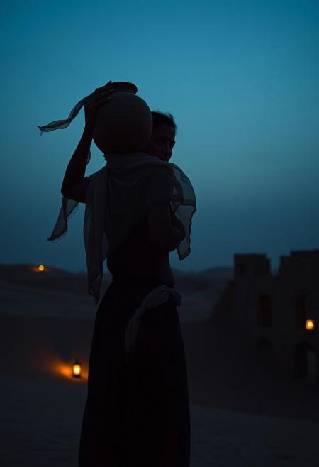 silhouette shot, a North African woman balancing a clay water jug on her shoulder, standing hip-cocked at the edge of a desert oasis, sheer scarf fluttering in the wind, looking back at the viewer with half-lidded eyes, setting: dunes and crumbling stone arches, mood: sultry survival, lighting: deep blue hour with a single lantern glow, shot on Leica M10-P, styled like a desert noir film