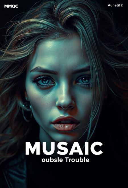 high quality design aesthetics, disco, synth pop, dynamic, detailed, pop album cover, melancholic, beautiful young white woman, artist name "MUSAIC", album title "Bouble Trouble"