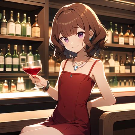 <lora:MimiAtachi-05:0.8>, (extremely detailed:1.3),(highly detailed:1.2),(best quality:1.2),(masterpiece:1.2), MimiAtachi, 1girl, solo, flat chest, smile, short hair, wavy hair, brown hair, dress, jewelry, purple eyes, necklace, cup, formal, red dress, sitting, alcohol, drinking glass, glass, bar (place),  <lyco:GoodHands-beta2 (1):1.0>, good hands, perfect hands,