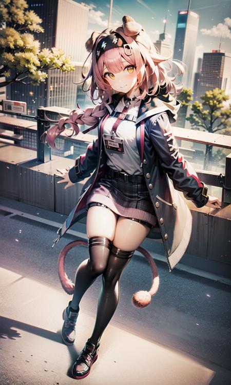 1girl, (animal ears), straight-on, (full body), braid, headband, pink hair, multicolored hair, detailed eyes, golden eyes, open coat, blue coat, skirt, white thighhighs, slim legs, pink tail, (one tail:1.2), cat tail, bangs, looking at viewer, blush, standing, hood down,long sleeves, light smile, solo, bare tree, building, city, cityscape, sunny day, day, outdoors,  skyscraper, street, tokyo \(city\), tree