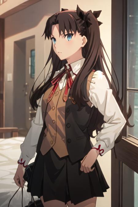 best quality, masterpiece, highres, solo, {tohsaka_rin_fatestaynightufotable:1.15}, long_hair, black_hair, ribbon, two_side_up, hair_ribbon, blue_eyes, brown_hair, 1girl, homurahara_academy_school_uniform, school_uniform, shirt, white_shirt, black_ribbon, neck_ribbon, vest, anime_coloring