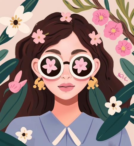 girl, woman, glasses, portrait, illustration, flowers,