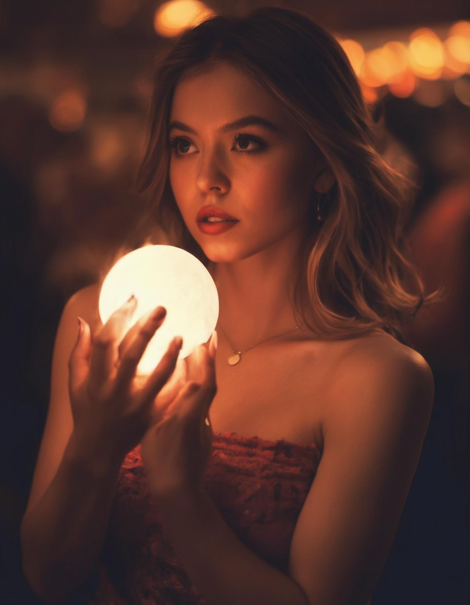 A woman wearing a pink dress holds a lit up ball in her hand.