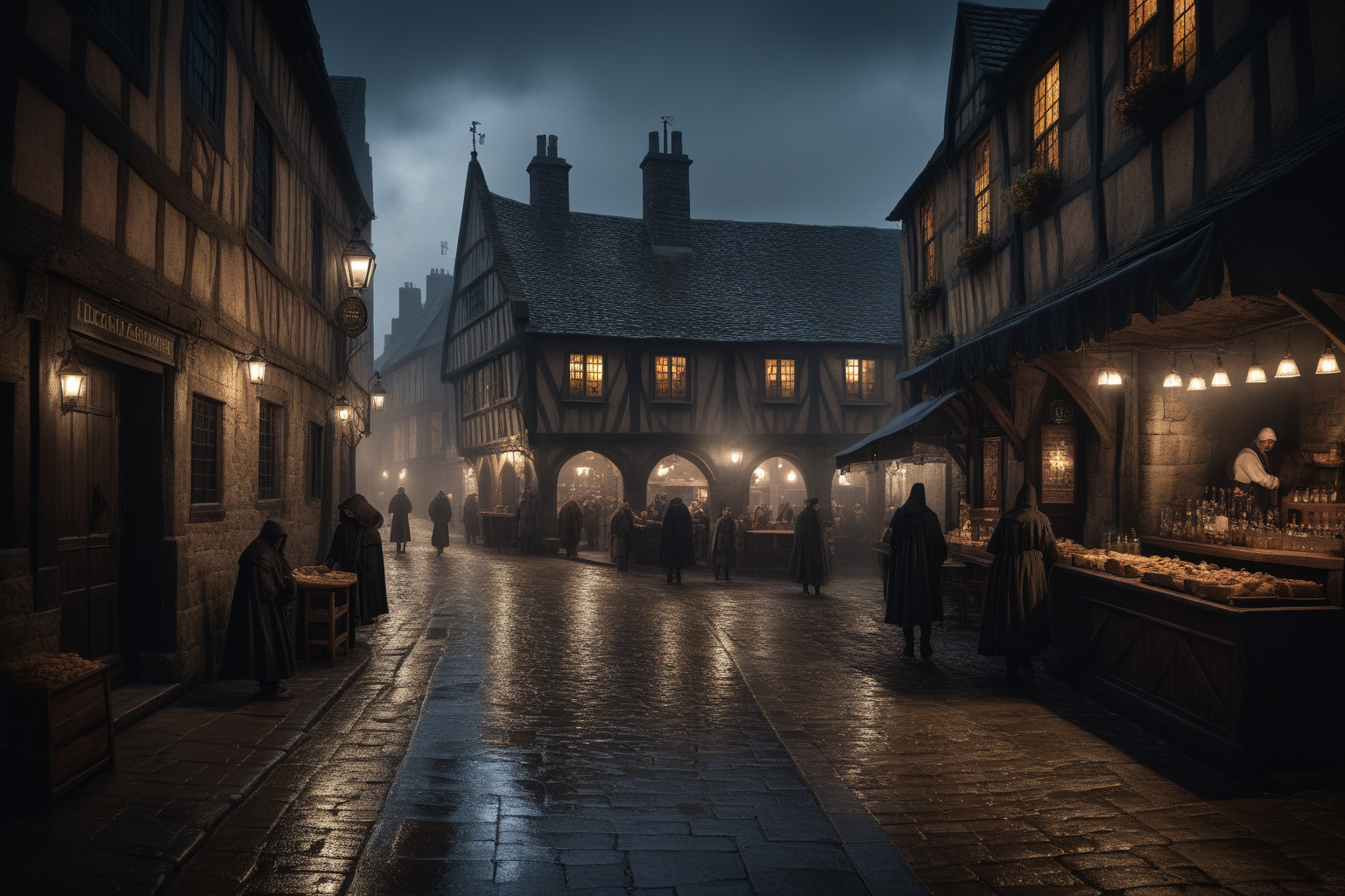 Horror-themed ,medieval dirty street, rain, lots of people, children playing, a pub, market stalls, Ultra-HD-details, true to life, HDR image, High detail resolution, high detailed cloth, cinematic lighting, realistic, sharp focus, (very detailed), ((4K HQ)), depth of field, f/1.2, Leica, 8K HDR, High contrast, bokeh, realistic shadows, vignette, epic, . Eerie, unsettling, dark, spooky, suspenseful, grim, highly detailed