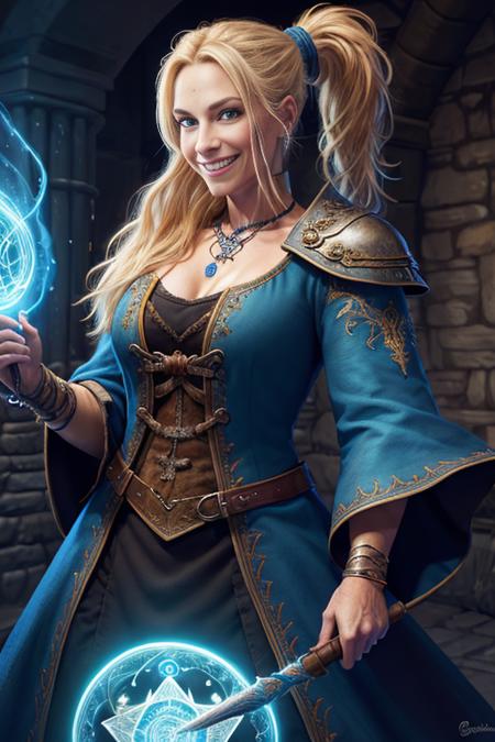 professional colorful portrait illustration, attractive blond female wizard with a ponytail, highly detailed face,  flowing_blue_intricately_embroidered_wizard_robes, detailed hands, necklace, pouches, belts, smiling, masterpiece, best quality, <lora:epiNoiseoffset_v2:1>, in a highly detailed (dungeon background), mage_glam, (large glowing runed circles), fire and ice, casting a spell, ultra high resolution