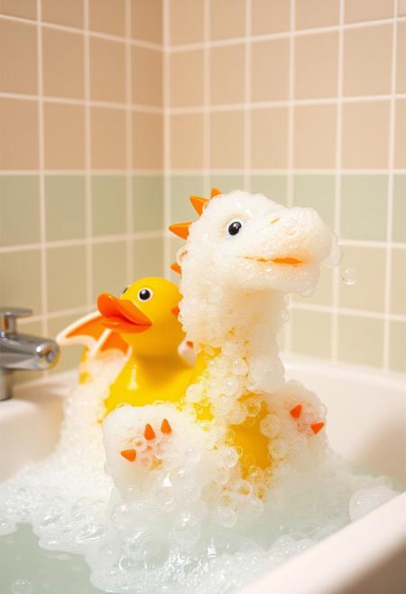 in a pastel bathroom with a rubber ducky, an adorable dragon made entirely of shampoo bubbles.