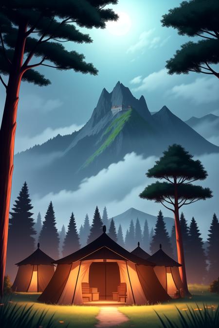 manhwa-scenery, medieval, fantasy, fortress of goblins, no humans, scenery, outdoors, sky, tree, cloud, fantasy, lantern, night, nature, mountain, forest, (goblin camp),