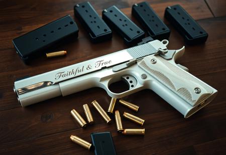 A gun is lying flat on a wooden table, it is a pure white chrome-finished Colt 1911 full-size handgun with "Faithful & True" engraved in elegant font along the slide of the pistol. The grips are beautiful pearl white, and the the gun has gold accents on all the buttons and levers. The pistol is surrounded by spare mags and several extra .45 ACP ammunition rounds littered across the table. View from above, high angle view, cinematic, weapon, indoors, signature, blurry, gun, mirror finish, chrome finish, reflections, beautiful reflections, highly detailed reflections, reflective finish, no humans, depth of field, blurry background, handgun, action film style, shallow depth of field, vignette, highly detailed, high budget, bokeh, cinemascope, moody, epic, gorgeous, film grain, grainy