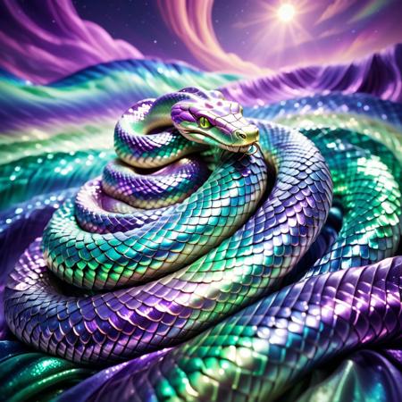 lazympos, celestial serpent made of l1qu1dp34rl, metal, pearlescent, violet and green, slithering through a sky of flowing aurora silk, scales shifting color with every ripple, soft depth of field