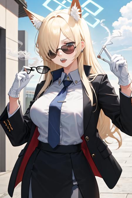 best quality, masterpiece, highres, solo, {black business suit:1.40}, {tie:1.20}, {sunglasses:1.25}, {white gloves:1.15}, {white shirt:1.10}, {black skirt:1.15}, {smoking:1.20}, handsome, {kanna_bluearchive:1.15}, animal_ears, long_hair, blonde_hair, hair_over_one_eye, animal_ear_fluff, blue_eyes, breasts, blush, halo, bangs, large_breasts, teeth, sharp_teeth