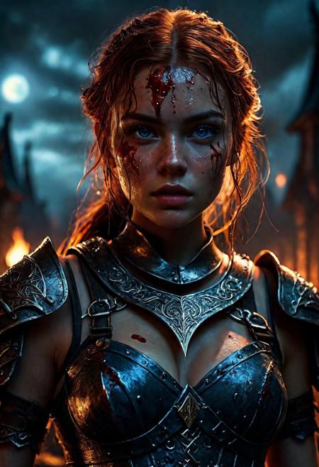 Ultra detailed digital art masterpiece Warrior girl dressed in a iron Armor, Standing on a bloody and stormy battlefield, standing in combat pose, dark fantasy medieval Town, perfect lighting, beautiful Sadie Sink as Warrior girl, attractive woman, elegant, unreal engine 5 nanite quality, mixed with dark elements, dark environment, very dark night, clean dark velour witch clothing, LOTR style, dark washed out eyeliner, no make up, natural bloody face, realistic blue eyes, ultra detailed atmospheric details, beautiful glowing effects, sparkle effects, realistic body proportions, beautiful face proportions, complex masterpiece, wavy red hair, creative glowing detailed tattoos, complex physics, enhanced colors, complimentary colors, ultra detailed raytracing reflections, Ultra detailed complex background, environment feels alive, direct eye contact, dramatic lighting, wet and sweaty skin, beautiful firm Breasts, Concept art portrait by Greg Rutkowski