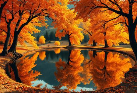 Stunning detail reflection of golden and orange katsura trees around a natural round lake, autumn, realistic, wide shot, art style of Studio Ghibli, magical, whimsical atmosphere, vibrant colors, beautifully lit, serene landscape