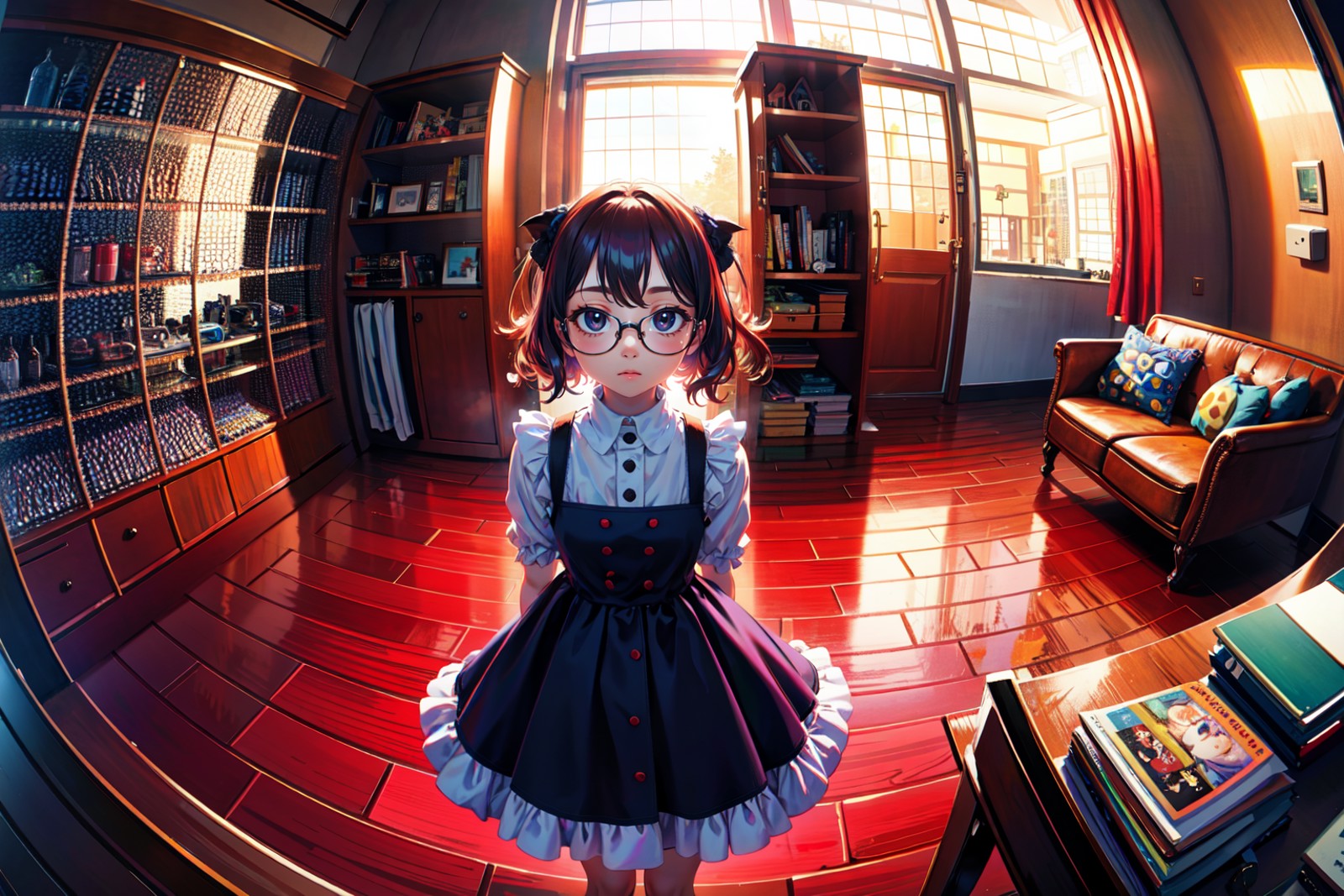 absurdres, highres, best quality, very wide shot, fisheye, 1girl, messy hair, glasses, wide-eyed, frilled dress, arms behi...