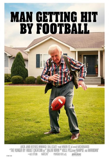 Movie poster, image of an old man standing on his front lawn getting hit in groin by American football Title "Man Getting Hit by Football"