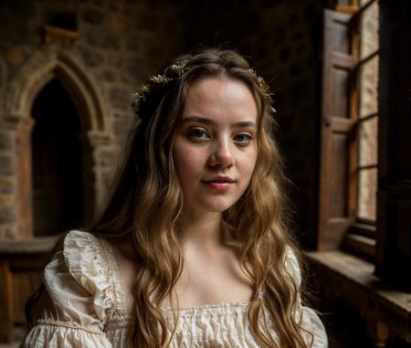 Photography, young woman in a castle, peasant dress, middle ages, looking at viewer, lifelike skin texture, skin pores, natural light, well lit, beautiful, best quality, high res, detailed  <lora:MadiASMR_33B:0.9>