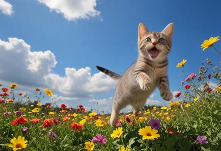 Highly detailed photograph of a tabby kitten leaping through the air above a field of colorful flowers. Side view. Floppy ears, floppy tongue, big eyes, very cute, very happy, joyful. Blue sky with fluffy clouds. Bright sun, (god rays).