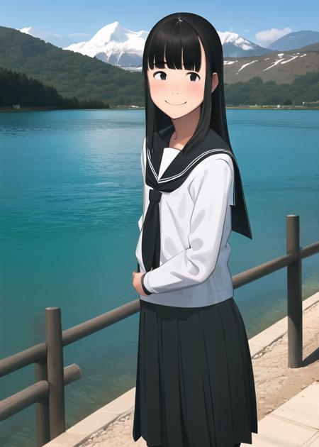 1girl, medium hair, black hair, blunt bangs, standing, serafuku, black serafuku, black skirt, arms at sides, full body, facing viewer, outdoors, light smile, lake, mountain, <lora:CoLOv5t_fp32:1>