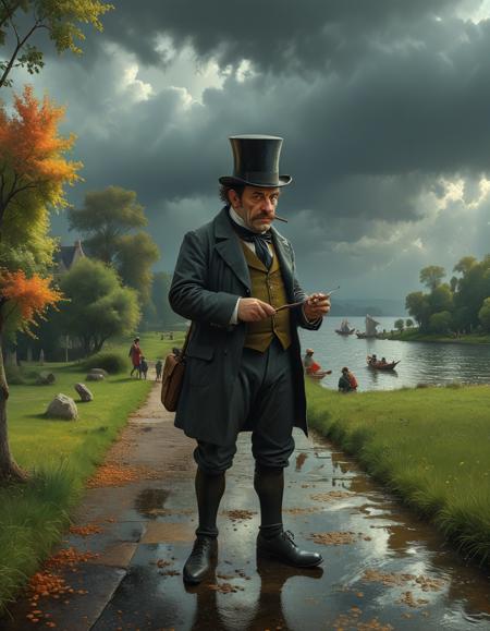 A caricature of Georges Seurats famous painting, A Sunday Afternoon on the Island of La Grande Jatte, with Frankensteins Creature as the central figure, set against a dark, stormy sky, rendered in a bold, graphic style, with exaggerated features and bold colors, 8K resolution, photorealism.