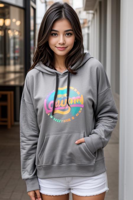 A photo of a beautiful cute young woman
<lora:Hoodies V2 By Stable Yogi:0.8> wearing multicolor hoodie, grey