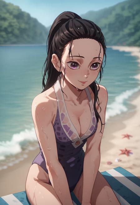  h1nats0r0, black hair, 1girl, ponytail, long hair, purple eyes, sleeveless kimono