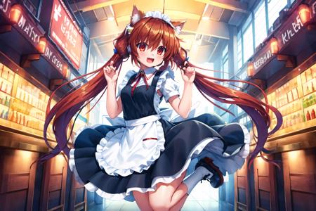 masterpiece, 1girl,  cat ears, cat tail, cat girl, maid dress, maid apron, maid tiara, jumping, happy,  blue hair, red eyes,  hands up, long hair, absurdly long hair, twintails, full body, cowboy shot,keystyle,   (hinoue itaru:1.2) <lora:Visual-Arts-Style-v1.1-resumed:1>