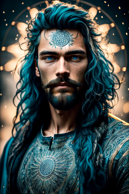 (masterpiece, best quality, ultra-detailed, highres, best illustration),perfect face, ((solo, solo focus)),sidelighting, lustrous skin,(shine), ray tracing, 1boy, male focus, solo, facial hair, beard,  blue hair, blue eyes , long hair, closed mouth, mustache, shirt, wind swept hair, detailed hair, detailed face, ,depth_of_field,very detailed background,extreme light and shadow,(detailed eyes) , perfect anatomy, (zentangle, mandala, tangle, entangle), dynamic angle, wide shot, upper body, city scape, extreme light and shadow, night sky