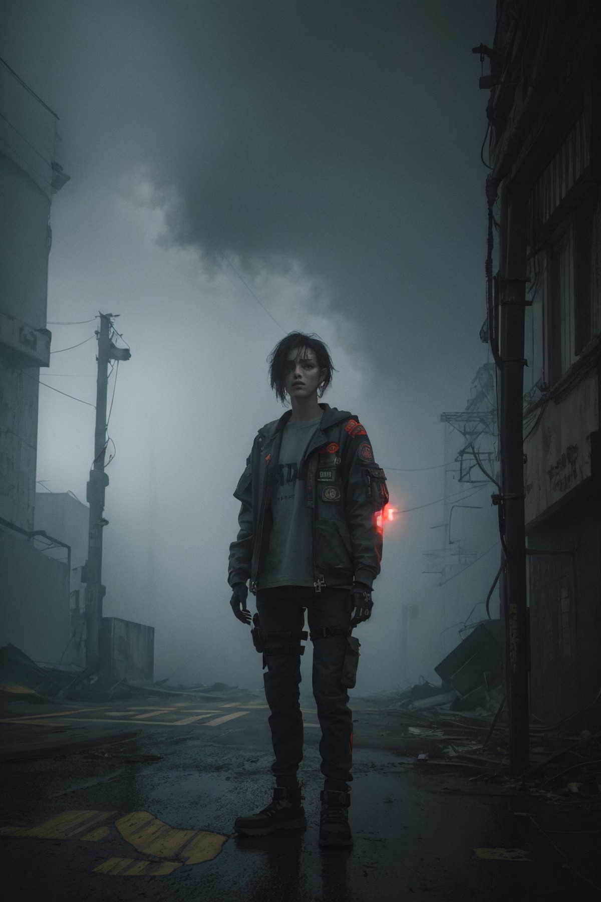 1girl,
Gritty neon, synthetic textures, modded limbs, worn materials, atmospheric fog, rebellious stances, urban decay, la...