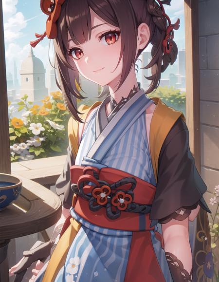 chiori, brown hair, hair ornament, (red eyes:1.3), flower, hair flower, gloves, japanese clothes, sash, obi,