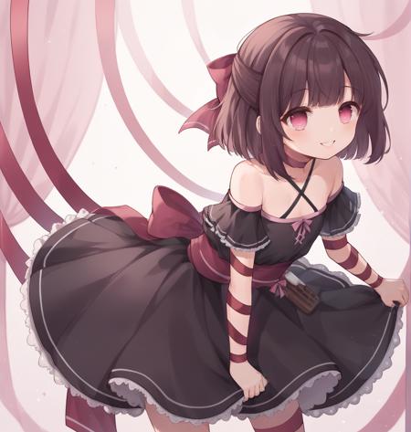 fallenshadow1, 1girl, medium hair, pink eyes, black dress, arm ribbon, ribbon, bow, frills, halterneck, flat chest