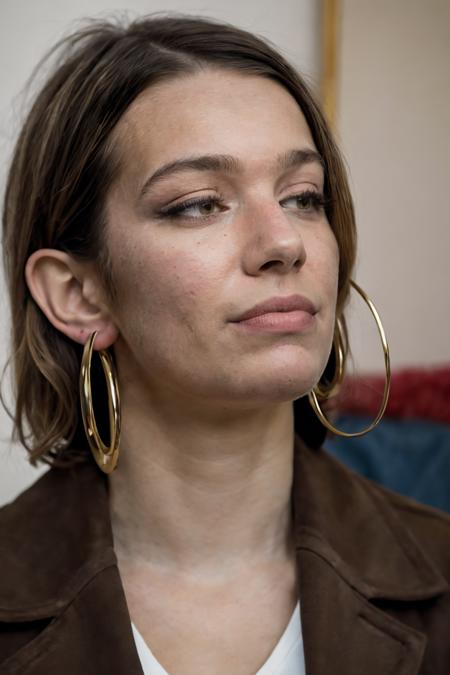1girl, a woman with a pair of hoop earrings on her ear and a jacket on her shoulders, looking up, a portrait, private press, (depth of field), detailed face, (photorealistic, absurdres, best quality, masterpiece:1.4), (high detailed skin:1.3)
 <lora:sc97_us_lora_v01:1> sc97, short hair